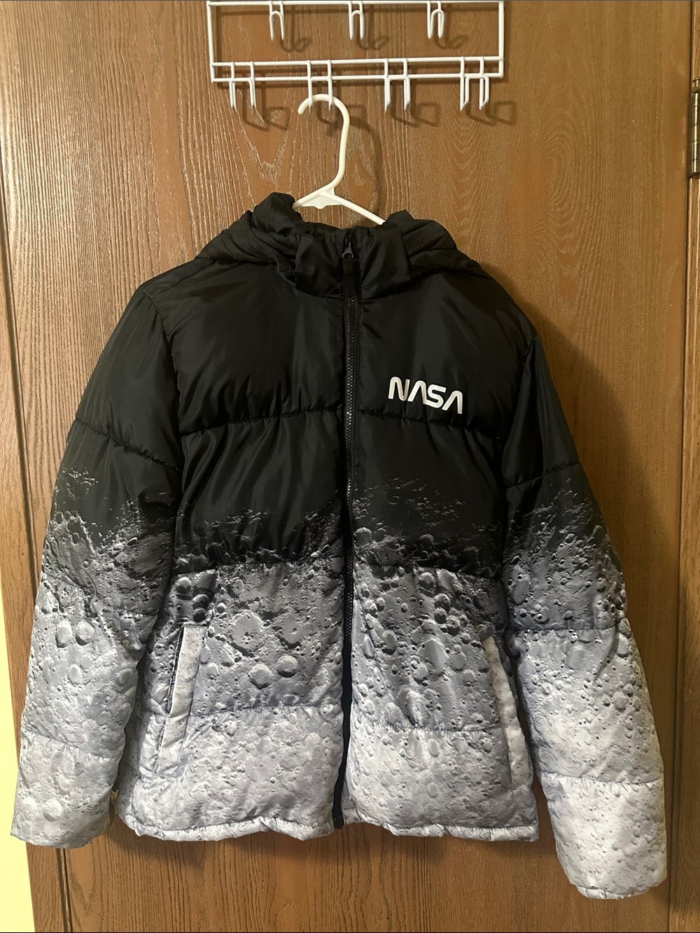 Puffer jacket with NASA moon print and detachable hood
